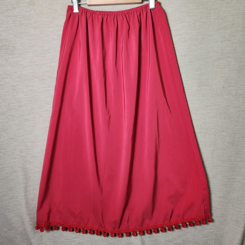 Red Pom-Pom Trim Midi Skirt Elastic Waist Medium